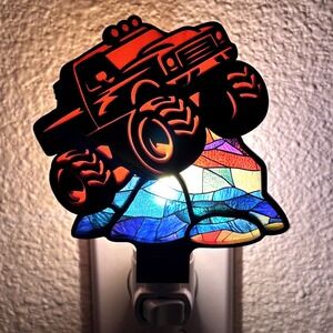 Monster Truck Handmade Night Light Wood Stained Glass Style LED Lamp
